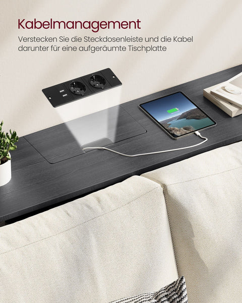Rootz Moderne bijzettafel met stekkerdoos - Antracietgrijs-Inktzwart - Spaanplaatstaal - 100 kg capaciteit - 25 cm x 120 cm x 81,1 cm