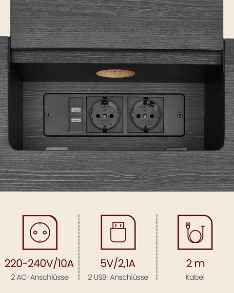 Rootz Moderne bijzettafel met stekkerdoos - Antracietgrijs-Inktzwart - Spaanplaatstaal - 100 kg capaciteit - 25 cm x 120 cm x 81,1 cm