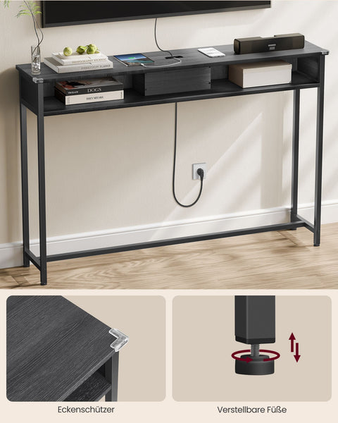 Rootz Moderne bijzettafel met stekkerdoos - Antracietgrijs-Inktzwart - Spaanplaatstaal - 100 kg capaciteit - 25 cm x 120 cm x 81,1 cm