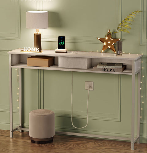 Rootz Console Table with Sockets - Space-Saving Console - White Side Table - Max 100kg Load - 25x120x81.1cm