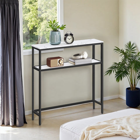 Rootz Marble White _Black Console Table - Wooden Chipboard - Steel - Sturdy Design - 20cm x 80cm x 80cm