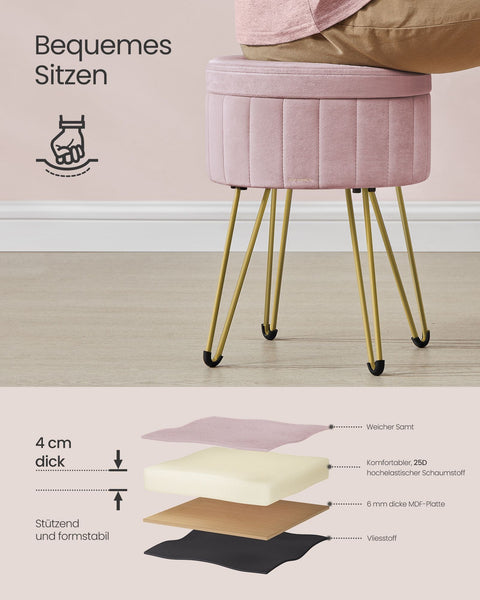 Rootz Velvet Vanity Stool - Makeup Chair - Round Seat - Comfortable Padding - 39cm x 44.4cm - Pastel Pink