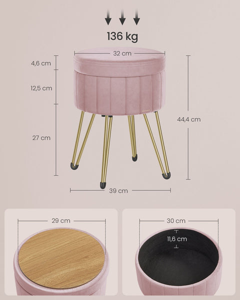 Rootz Velvet Storage Stool - Ottoman - Footrest - Pastel Pink - 39cm x 44.4cm - 25D Foam - MDF - 4 Metal Legs