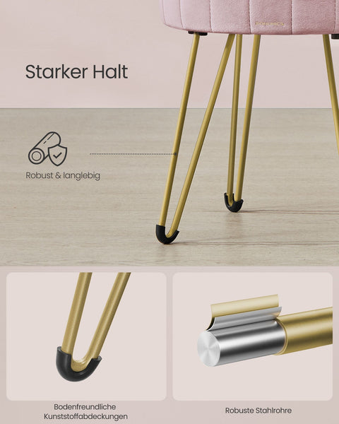 Rootz Velvet Vanity Stool - Makeup Chair - Round Seat - Comfortable Padding - 39cm x 44.4cm - Pastel Pink