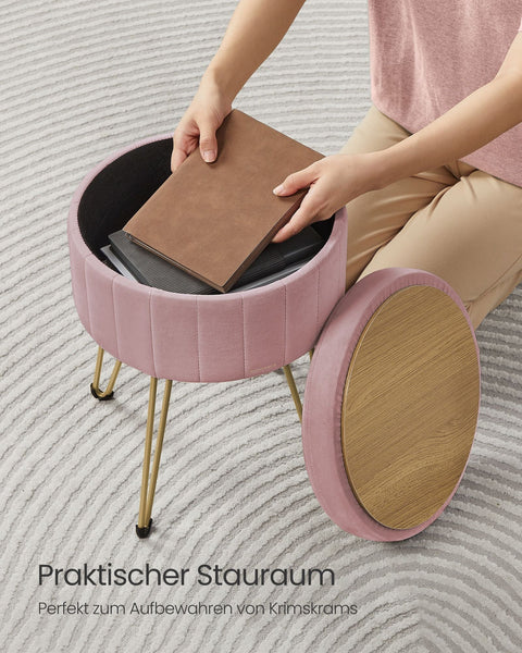 Rootz Velvet Storage Stool - Ottoman - Footrest - Pastel Pink - 39cm x 44.4cm - 25D Foam - MDF - 4 Metal Legs