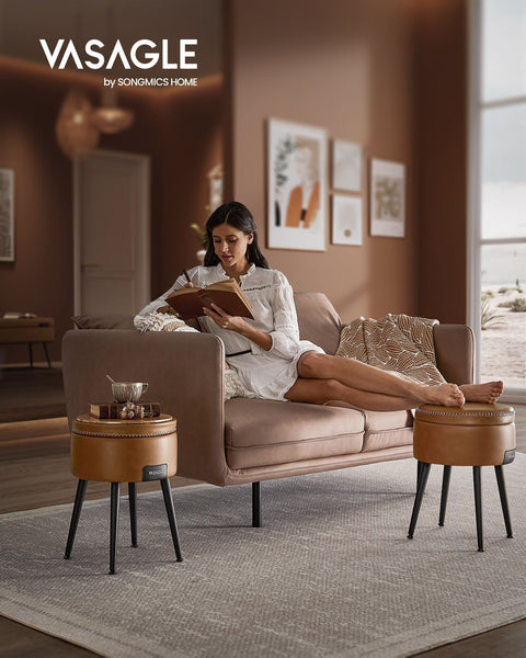 Rootz Storage Bench - Ottoman - Footstool - Steel Frame - Highly Elastic Foam - PU Leather - Plywood - 38.2cm x 44.4cm - Caramel Brown - 3.3kg - 150kg Capacity