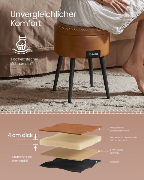 Rootz Storage Bench - Ottoman - Footstool - Steel Frame - Highly Elastic Foam - PU Leather - Plywood - 38.2cm x 44.4cm - Caramel Brown - 3.3kg - 150kg Capacity