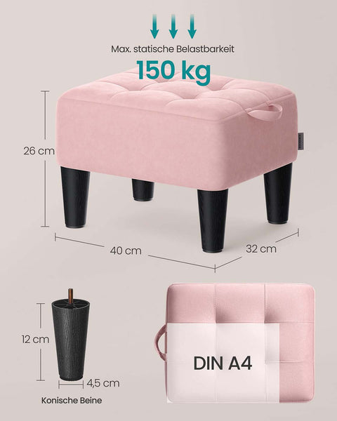 Rootz Velvet Seat Stool - Pink and Black- Ottoman - Footrest - Supports 150kg - 40cm x 32cm x 26cm