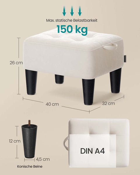 Rootz Velvet Seat Stool - Ottoman - Footrest - Luxurious Comfort - White and Black - 40cm x 32cm x 26cm