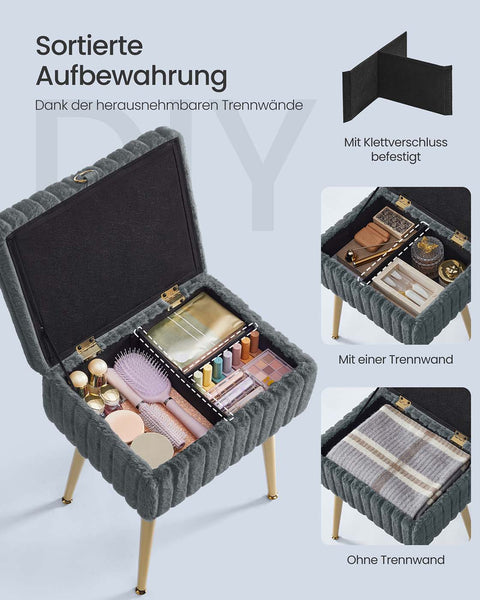 Rootz Dressing Table Stool - Vanity Seat - Padded Chair with Storage - Comfort Seating - 30cm x 40cm x 50cm - Grey