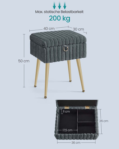 Rootz Dressing Table Stool - Vanity Seat - Padded Chair with Storage - Comfort Seating - 30cm x 40cm x 50cm - Grey