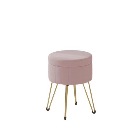 Rootz Velvet Seat Stool - Storage Ottoman - Round Pouffe - Extra Storage - 39cm x 44.4cm - Pink