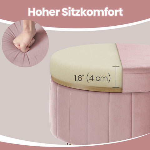 Rootz Velvet Seat Stool - Storage Ottoman - Round Pouffe - Extra Storage - 39cm x 44.4cm - Pink