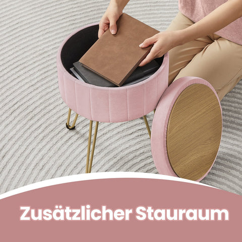 Rootz Velvet Seat Stool - Storage Ottoman - Round Pouffe - Extra Storage - 39cm x 44.4cm - Pink