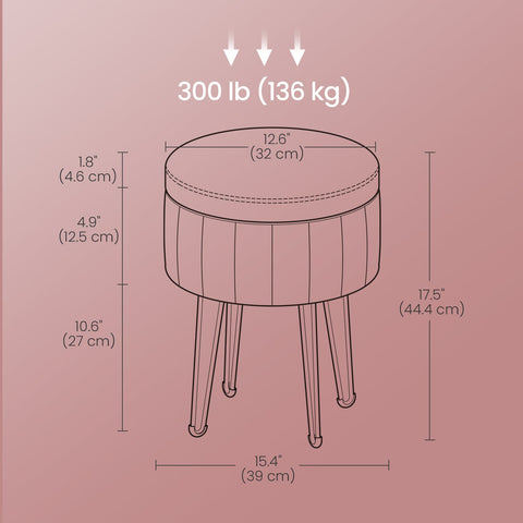 Rootz Velvet Seat Stool - Storage Ottoman - Round Pouffe - Extra Storage - 39cm x 44.4cm - Pink