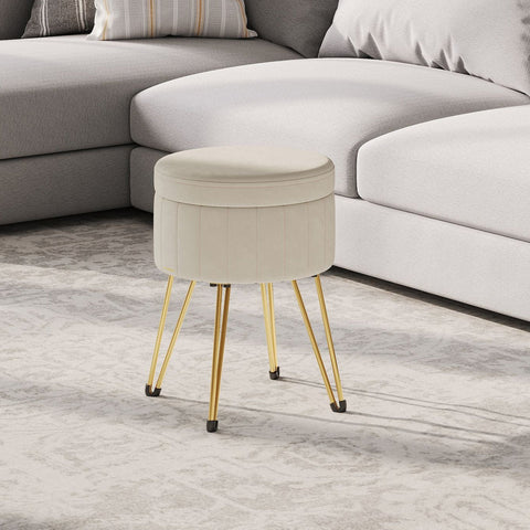 Rootz Velvet Seat Stool - Storage Seat - Round Stools - Comfort & Style - 39cm x 44.4cm - White