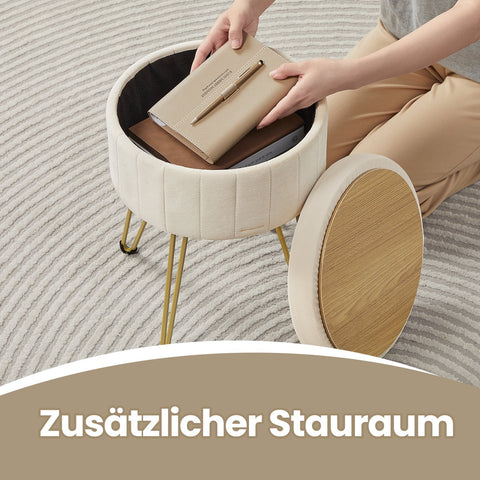 Rootz Velvet Seat Stool - Storage Seat - Round Stools - Comfort & Style - 39cm x 44.4cm - White