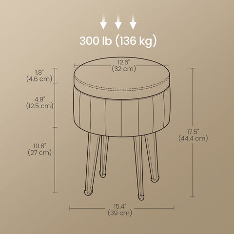 Rootz Velvet Seat Stool - Storage Seat - Round Stools - Comfort & Style - 39cm x 44.4cm - White