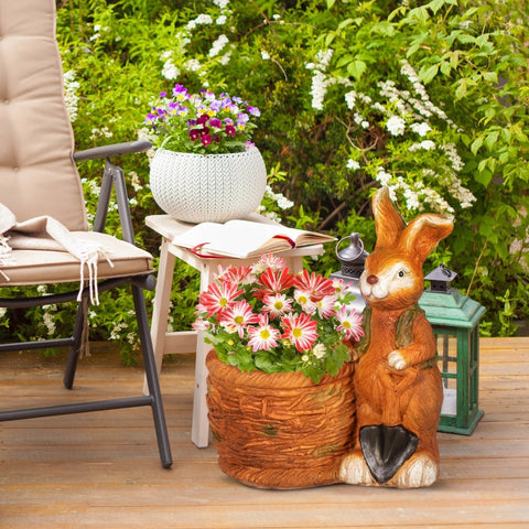 Rootz Flower Pot - Rabbit with Wicker Basket - Whimsical Garden Planter - Weatherproof Resin - 45cm x 27cm x 50cm - Brown