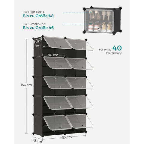 Rootz 10 Compartment Shoe Rack - Organizer - Storage Unit - Durable - 32cm x 165cm x 125cm