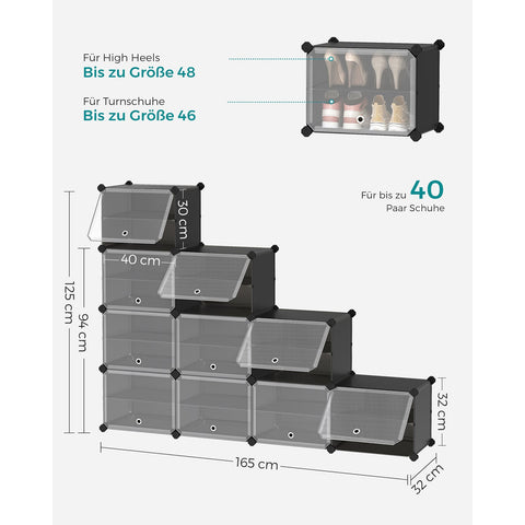Rootz 10 Compartment Shoe Rack - Organizer - Storage Unit - Durable - 32cm x 165cm x 125cm