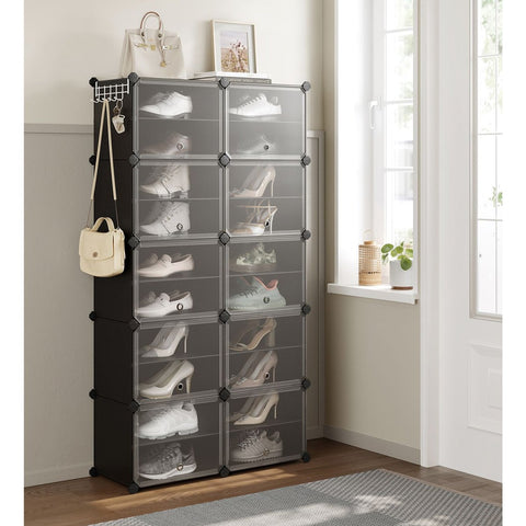 Rootz 10 Compartment Black Storage Shelf - Organizer Rack - Plastic Shelving - ABS Plastic - Steel Frame - 32cm x 165cm x 125cm