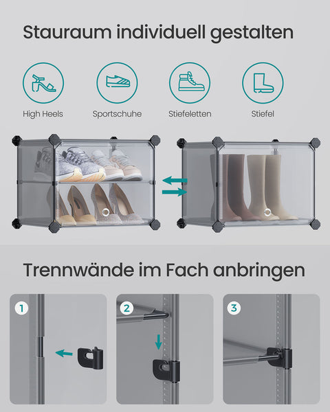 Rootz Schuhregal - Shoe Storage - Organizing Rack - 10 Compartments - Grey - 32 x 83 x 156 cm - Durable Plastic & Steel Frame