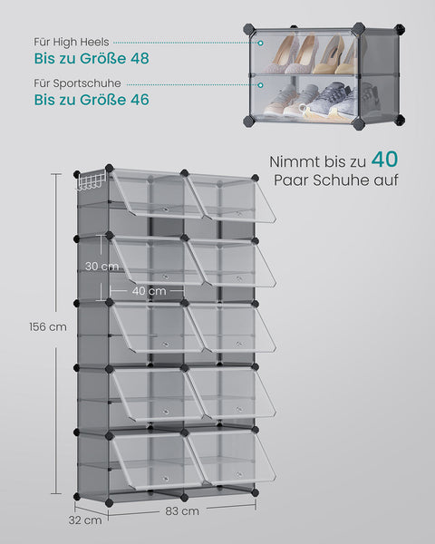 Rootz Schuhregal - Shoe Storage - Organizing Rack - 10 Compartments - Grey - 32 x 83 x 156 cm - Durable Plastic & Steel Frame