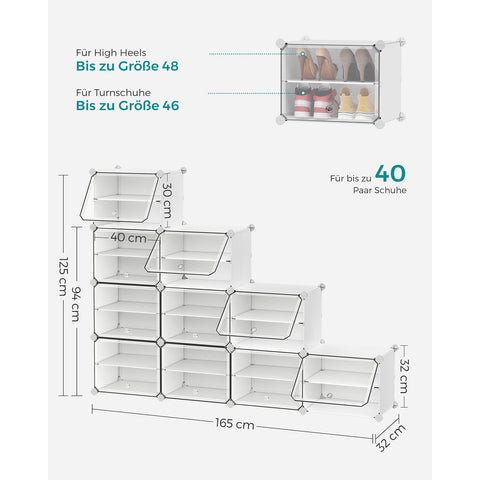 Rootz White 10 Compartment Storage Shelf - Organizer Rack - Plastic Shelving - ABS Plastic Connector - PP Plastic Board - Steel Frame - 32cm x 165cm x 125cm - Lightweight - Easy Assembly - Versatile Storage Solution