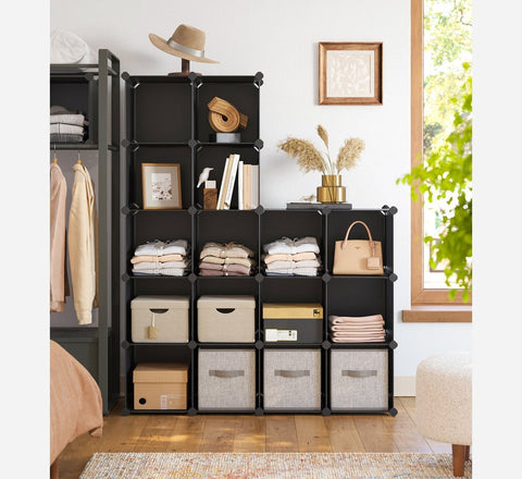 Rootz Plug-in Shelving System 16 Cubes Black - DIY Storage - Modular Organizer - Simple Assembly - 125cm x 31cm x 125cm