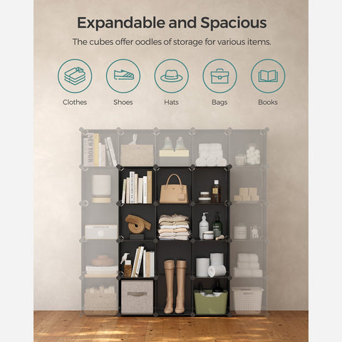 Rootz Plug-in Shelving System 16 Cubes Black - DIY Storage - Modular Organizer - Simple Assembly - 125cm x 31cm x 125cm