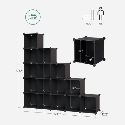 Rootz Plug-in Shelving System 16 Cubes Black - DIY Storage - Modular Organizer - Simple Assembly - 125cm x 31cm x 125cm