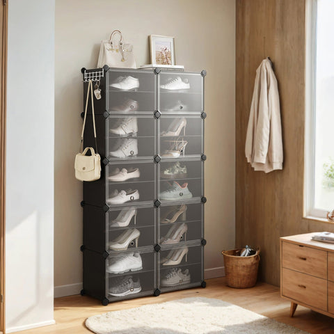 Rootz Shoe Shelf 10 Compartment Cabinet - Storage Organizer - Shoe Rack - Durable ABS & PP - 30x40x30cm Compart. - 32x82x152cm Overall
