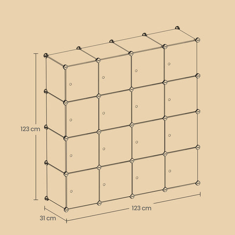 Rootz Shelf System - Cube Shelf - Storage Shelf - 16 Compartments - Space-Saving Design - 123cm x 31cm x 123cm