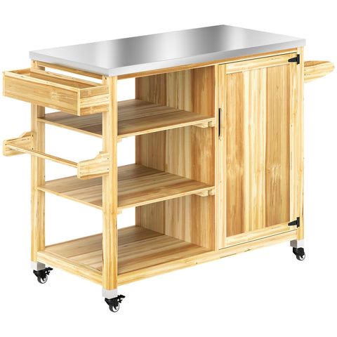 Rootz Outdoor Kitchen Island - Grilling Car - Wooden Kitchen Carts - Stainless Steel - Enhanced Mobility - 134.5l x 50b x 91.5H cm