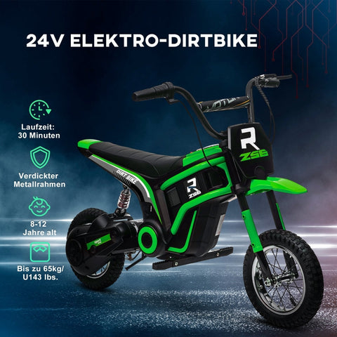 Rootz Kids Electric Motorcycle - Children's Ride-On Bike - 24V Motor - Integrated Music & Lights - Shock-Absorbing Wheels - Green - 119cm x 64cm x 76.5cm