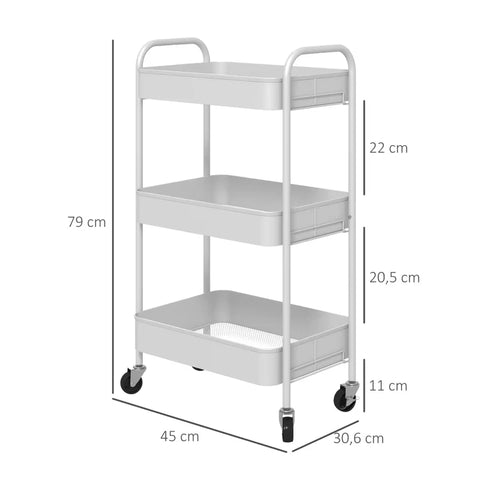 Rootz Multi-purpose Trolley - Kitchen Trolley - 3 Shelves - 4 Wheels - White - 45 cm x 30.6 cm x 79 cm