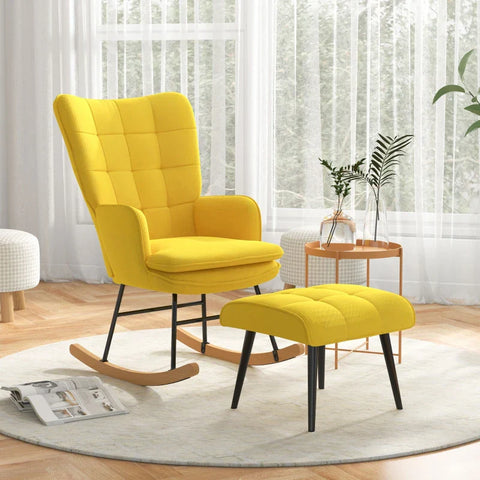 Rootz Rocking Chair With Ottoman - Scandi Design -brocking Chair With Footstool - Beech Wood - Quilting - Imitation Linen - Yellow - 64 cm x 89 cm x 90 cm