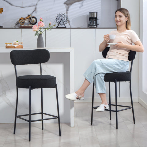 Rootz Set of 2 Bar Chairs - Upholstered Bar Stools - Kitchen Counter Chairs - Comfortable & Modern - Black Fleece, Footrest, 49x52x95 cm