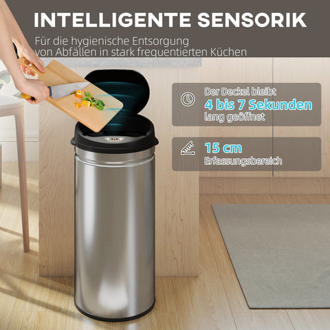 Rootz Sensor Waste Bucket - Touch-Free Trash Bin - Soft-Close Lid - Hygienic Kitchen Essential - 42L - Stainless Steel - 30.5cm x 30.68cm