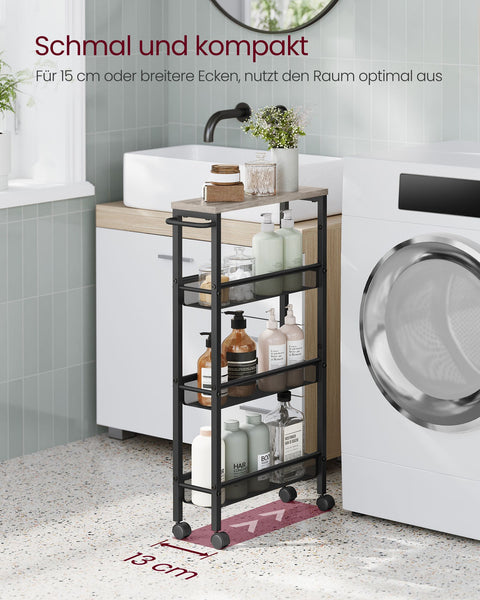 Rootz Rolling Car - 4 Level Trolley - Utility Cart - Efficient Storage - 13cm x 45.4cm x 77cm - Grey -Black