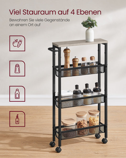 Rootz Rolling Car - 4 Level Trolley - Utility Cart - Efficient Storage - 13cm x 45.4cm x 77cm - Grey -Black