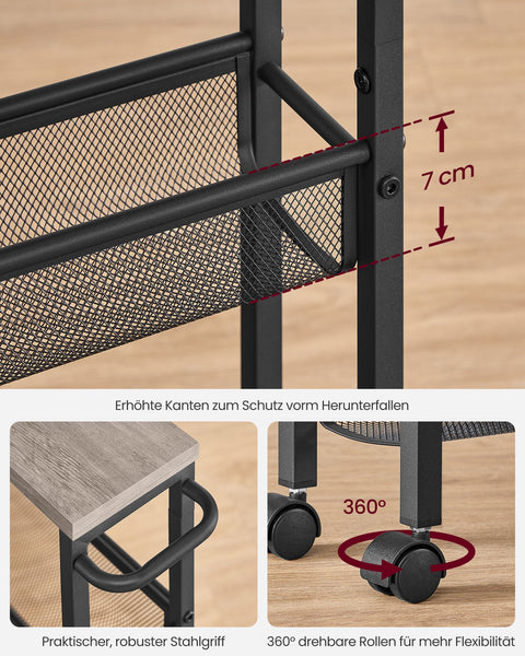 Rootz Rolling Car - 4 Level Trolley - Utility Cart - Efficient Storage - 13cm x 45.4cm x 77cm - Grey -Black