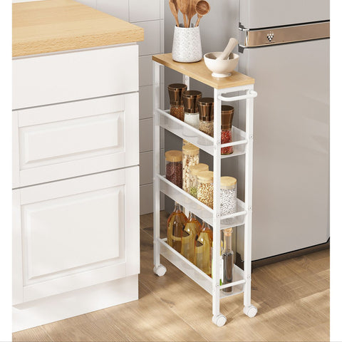 Rootz Oak White Trolley Cart - Storage Cart - Rolling Cart - Chipboard and Steel - Lightweight - Easy Assembly - Space Saving - 13cm x 45.4cm x 77cm