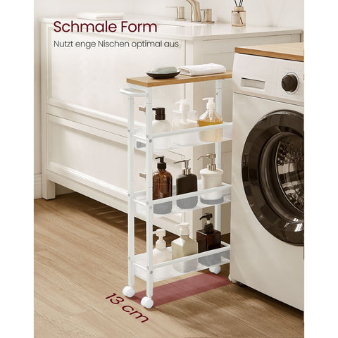 Rootz Oak White Trolley Cart - Storage Cart - Rolling Cart - Chipboard and Steel - Lightweight - Easy Assembly - Space Saving - 13cm x 45.4cm x 77cm