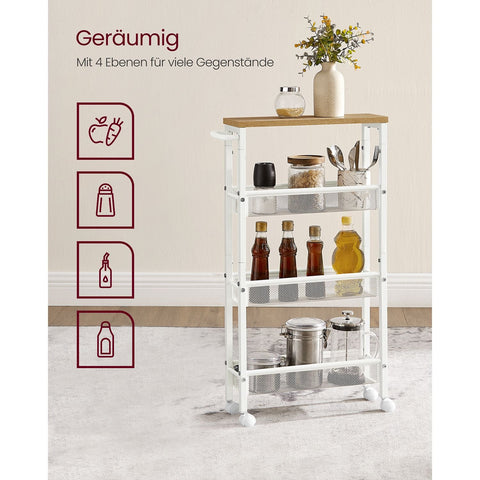 Rootz Oak White Trolley Cart - Storage Cart - Rolling Cart - Chipboard and Steel - Lightweight - Easy Assembly - Space Saving - 13cm x 45.4cm x 77cm