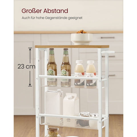 Rootz Oak White Trolley Cart - Storage Cart - Rolling Cart - Chipboard and Steel - Lightweight - Easy Assembly - Space Saving - 13cm x 45.4cm x 77cm