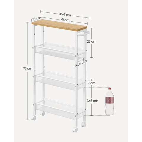 Rootz Oak White Trolley Cart - Storage Cart - Rolling Cart - Chipboard and Steel - Lightweight - Easy Assembly - Space Saving - 13cm x 45.4cm x 77cm