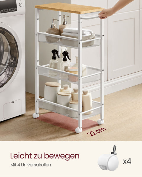 Rootz Oak White Chipboard Steel Trolley - Rolling Cart - Storage Organizer - Lightweight - Compact Design - Easy Assembly - 22cm x 45.5cm x 77cm