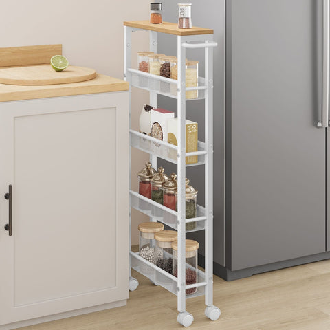 Rootz Oak White Trolley - Rolling Cart - Portable Storage - Chipboard & Steel - 13cm x 45.4cm x 99.6cm - Lightweight - Max Load 12.5kg
